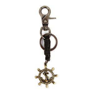 Leather Metal Nautical Steering Wheel Keychain